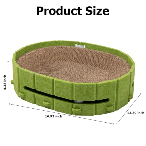 VOKINO Interactive Cat Scratcher Lounge Bed Heavy Duty Corrugated Cardboard Cat Scratching Pad Bowl with Built-in Track & 2 Bell Balls for Indoor Cats Claw Care and Rest Cat Scratching Bowl，Green — view 2