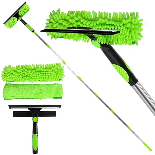 Limpiacristales con Mango Extensible 301cm, 2 en 1 Limpiar Cristales Ventanas con Escobilla de Silicona & Paños de Microfibra Kit Limpiacristales Telescopico Profesional para Ducha Espejo Puerta Coche