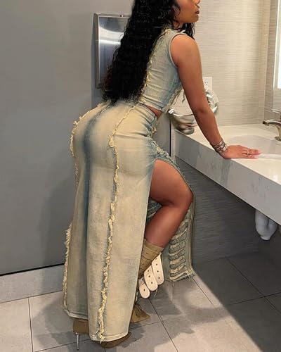 Ecirod 2 Piece Denim Outfit for Women Summer Ripped Hole Sleeveless Mock Neck Crop Tops High Slit Maxi Jean Skirt Set3