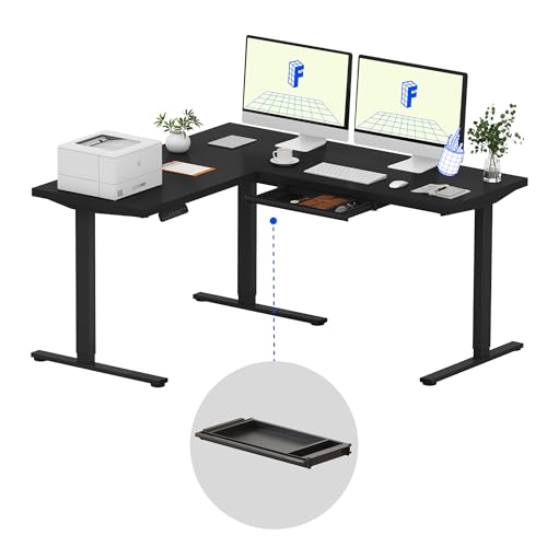Image of FLEXISPOT L Shaped Standing Desk, 63 x 55 Inch Electric Height Adjustable Corner Desk, Sit Stand Computer Workstation, Preset Controller, Home Office, Black Frame with Black Top, Black Drawer