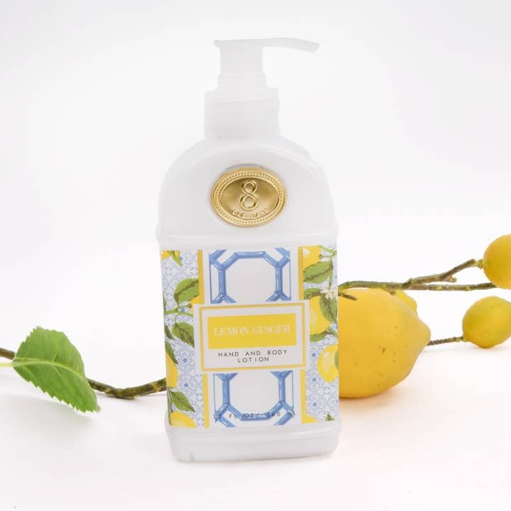 8 Oak Lane, Lemon Ginger, 12oz hand and body lotion, a delightful blend of zesty lemon, warm ginger, & invigorating citrus notes.