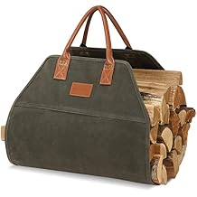 GOOD GAIN Firewood Carrier Waxed Canvas with Handles, Wood Carrier for Firewood, 36x18.5 Inch Heavy Duty Firewood Storage Tote, Fireplace Log Carrier Indoor Bag, Wood Stove Accessories. Green
