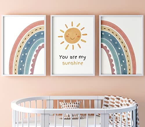 You are My Sunshine Set of 3 Unframed Poster Prints, Girls Boys Boho Rainbow Wall Art Home Decor, Playroom Bedroom Nursery, Song Lyrics Nursery Rhyme (11x14)