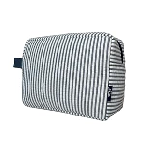 NGIL Makeup Bag for Women, Cute Cosmetic Bag, Travel Toiletry Make up Bag, Seersucker Aesthetic Organizer Storage Pouch for Women and Moms Gifts Large Cosmetic travel Pouch (Seesucker- Navy)