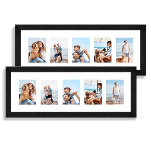 Hongkee 8x24 Picture Frame 2 Pack Rustic Black Wood Frame with Tempered Glass Display Pictures Multiple Five 4x6 With Mat or 8 x 24 Without Mat - Horizontal or Vertical Wall Mounting