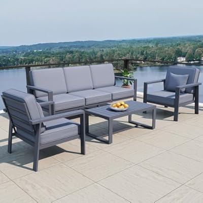 Premium Aluminum Patio Furniture Set 4 Piece,Outdoor Conversation Set with Wide Armrest,5" Thick Cushions, Olefin Fabric,Rustproof Metal Frame,Deep Seating Patio Sofa Set for Backyard,Deck,villa,Gray