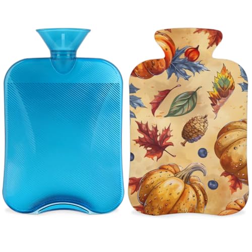 Hot Water Bottle with Soft Cover,2L Thanksgiving Pumpkins Hot Water Bag for Hot and Cold Compress, Hand Feet Warmer, Graffiti Pumpkin Rubber Hot or Cold Water Bottle Halloween Christmas Decorations