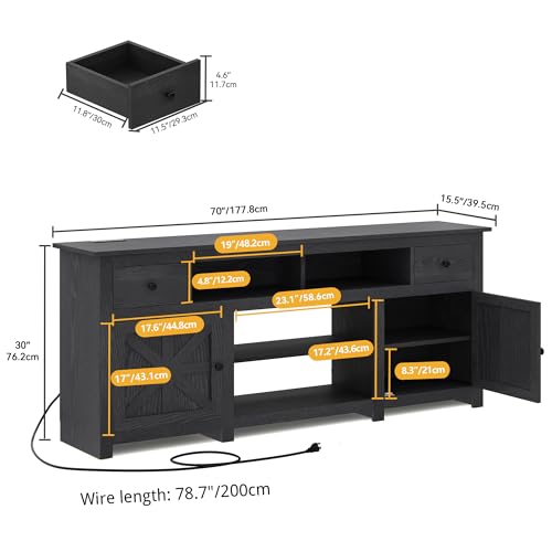 DWVO Farmhouse TV Stand for 75/80 Inches TVs, Entertainment Centers Furniture 30" Tall, TV Consoles with Storage Drawers & Power Outlet, Rustic TV Stands for Living Room, Black