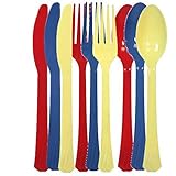 Tiger Chef 72-Pack Plastic Cutlery Set Heavy Duty Colored Plastic Silverware Set Includes 24 Forks, 24 Teaspoons, and 24 Knives in Yellow, Red, and Blue...