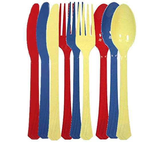 Tiger Chef 72-Pack Plastic Cutlery Set Heavy Duty Colored Plastic Silverware Set includes 24 Forks, 24 Teaspoons, and 24 Knives in Yellow, Red, and Blue…