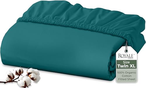 Image of Royale Linens 100% Organic Cotton Fitted Sheet - Percale Weave - Super Soft Deep Pocket Bottom Sheets - Elastic Sheet Twin XL Size - Twin XL Fitted Sheets Only - (39 inchx80 inch+15 inch, Teal)
