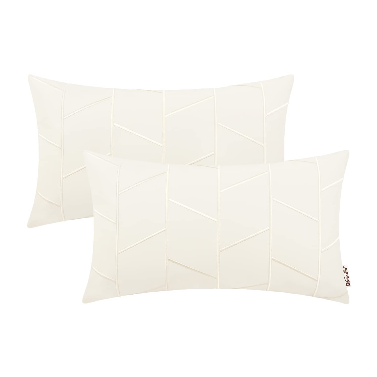 BRAWARM Faux Leather Pillow Covers 12 X 20 Inches, Cream Leather Lumbar Pillow Covers Pack of 2, Geometric Embroidery Leather Decorative Throw Pillows for Living Room Couch Bed Sofa Home