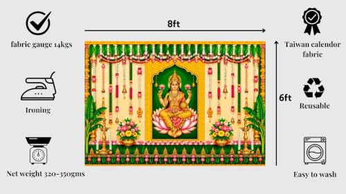 Image of varalakshmi vratham backdrops | Mahalakshmi Puja Backdrop with Hanging Lotus Strings and Banana Trees, Festive Backdrop with Goddess Lakshmi 6x8 Feet | Back Drops for Pooja Decoration