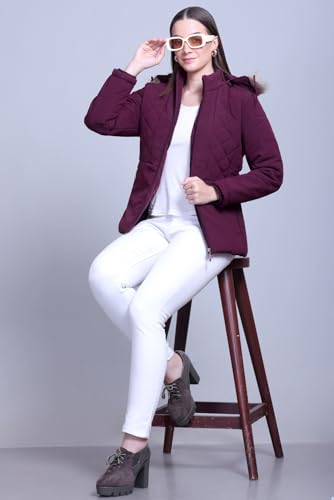 Image of Women's Quilted Winter Puffer Jacket with Fur Hood, Plum Purple, Full Zip