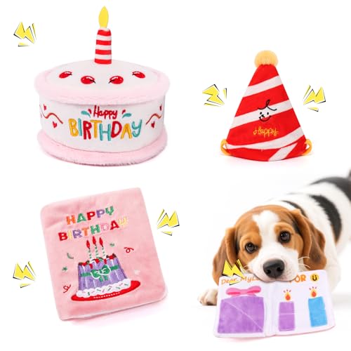 ADABOO 3PCS Dog Birthday Toy Set Plush Dog Squeaky Toys with Birthday Cake & Hat, Snuffle Hide & Seek Greeting Card for Celebration (Pink)