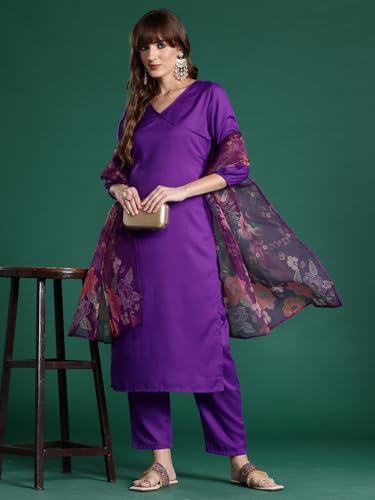 Image of INDO ERA Women's Straight Cotton Blend Solid Solid Kurta & Pant with Dupatta Set (IESTR10631)