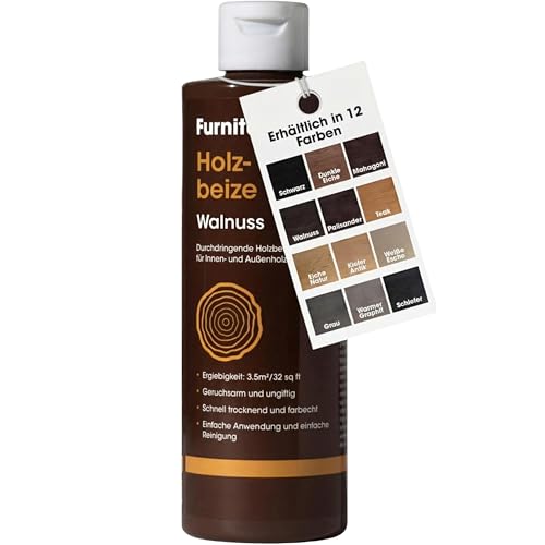 Furniture Clinic Holzbeize und Holzlasur (Walnuss). Ungiftig. Hochkonzentrierte Holzbeize. Schnelltrocknend. Beize für alle Holzarten im Innen und Außenbereich 250 ml