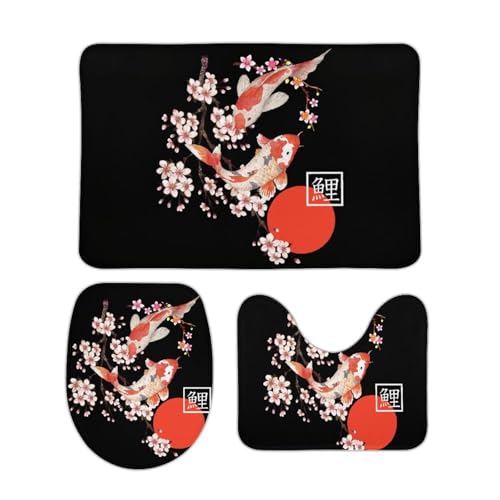 トイレマット 3点セット 桜 鯉 魚 和桜 桃の花 ピンク フタカバー 便座カバー 洗える 足ふきマット ふわふわ 滑り止め U型 O型 兼用 ズレない おしゃれ 吸水速乾 40cm x 60cm