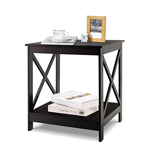 GOPLUS Mesa auxiliar de 2 niveles, pequeña con barra de apoyo en forma de X, mesa de sofá de madera para salón y dormitorio (marrón)