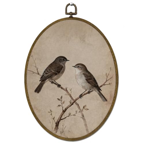 LLOKARNORA Vintage Country Bird Oval Canvas Wall Art, Farmhouse Bird Framed Wall Art Decor, Antique Cottage Birds Prints Hanging Decor for Bedroom Living Room Bathroom, 8.7x11.3 Inch