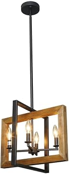 LOG BARN Dining Room Lighting Fixtures Hanging, Farmhouse Chandelier in Distressed Wood and Metal Finish, Black Pendant for Kitchen Island