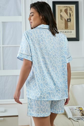 Image of YiNi LuLu Womens Silk Satin Shorts Pajamas Set Button Down 2 Piece Pjs Short Sleeve Oversized Sleepwear with Pockets