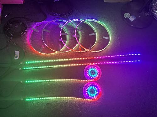 SDO 17.5'' RGB Dream Color Chasing LED Illuminated Wheel Ring Light +2PCS 4FT 2PCS 6.5FT Strip Lights 8Plugs Sync Car Rim Breathe/Flashing Bluetooth & Remote Ctrl (17.5''),(SR-CHASE-8PLUGS)