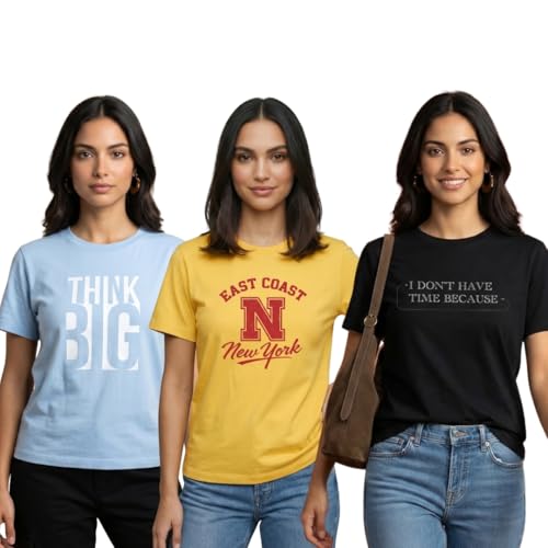 Image of Nobero Women's Graphic Printed Regular Fit Cotton T-Shirt | Casual Tees for Women (Pack of 3)