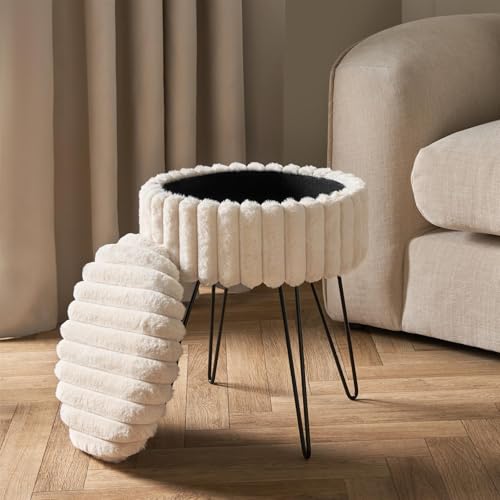OHS Dressing Table Chair Faux Fur Ribbed Storage Vanity Stool with Hairpin Legs Stylish Storage Ottoman Foot Stool for Living Room or Bedroom, One Size-Cream