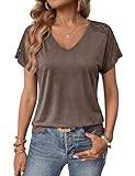 Aottori Camisetas Manga Corta Mujer Verano Cuello V Encaje Hombros Básica Suelta Ajustada Estirada Parches Camiseta Interior Sencilla Tendencia Casual Tunica Pullover Marrón XL