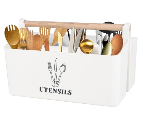 Gzsekken Utensil Holder Plastic Cutlery Caddy 8 Compartments Utensils Storage Organiser for Countertop Multifunctional Kitchen Utensils Holder with Removable Dividers for Spatula Utensil Crock Caddy