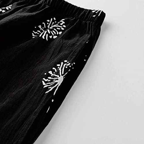 Image of Cotton Linen Capri Pants for Women 2025 Casual Printed Cropped Palazzo Pants Elastic Waist Lounge Baggy Trousers