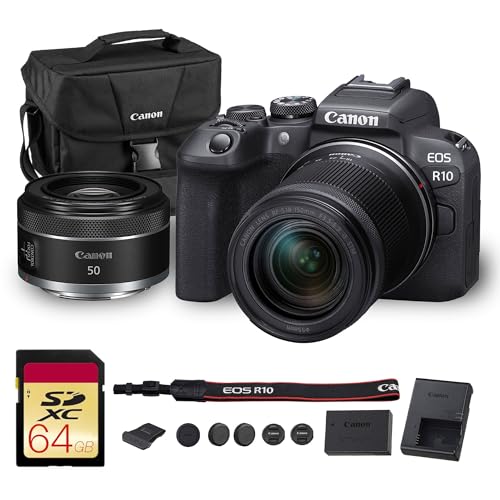Image of Canon EOS R10 Mirrorless Camera Kit | 24.2MP APS-C Sensor with RF-S 18-150mm Lens | 4K Video Dual Pixel AF Compact Travel Photography (5331C016) + Canon RF 50mm f /1.8 STM Lens + 64GB Card + Bag