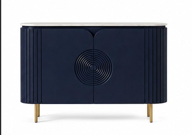 Image of Solid Wood Mandala Sideboard Cabinet with Sintered Stone Top for Living Room | Premium Acrylic Blue with Soft Close Hinges | 120 cm (W) x 39.8 cm (D) x 85 cm (H)