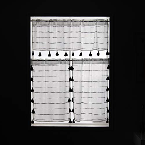 Yokii Boho Sheer Kitchen Curtains 36 Inch, Chiffon Voile Short Curtains For Small Windows Modern Farmhouse Black And White Striped Tassel Window Treatment Rod Pocket (Tiers - 24 X 36, Black) #TOP2