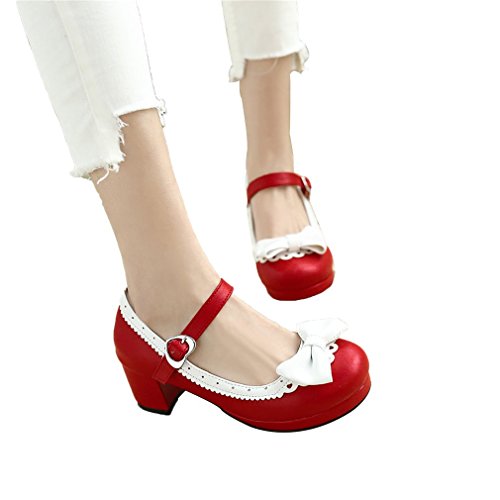 Elfy Women's Cute Lolita Cosplay Shoes Bow Mid Chunky Heel Mary Jane Pumps Red 9 #TOP6