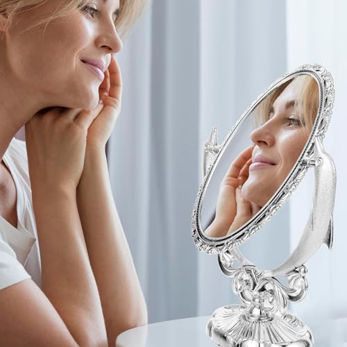 Espejo de maquillaje giratorio doble para escritorio miniatura 6