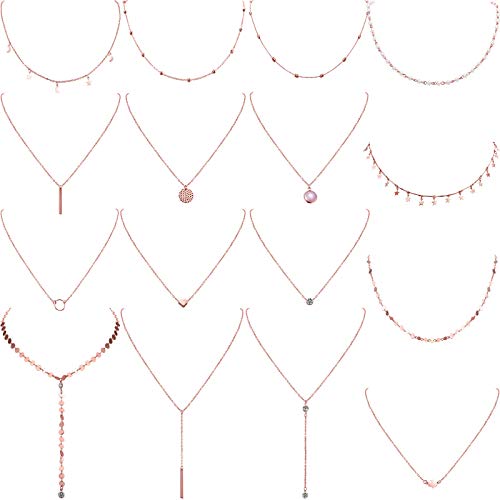 Yaomiao 16 Pieces Layered Choker Necklace Adjustable Pendant Necklace Moon Sequins Choker Multilayer Chain Necklace Set for Women Girls (Rose Gold)