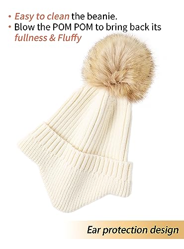 Image of Beanies Women Winter Hat - Earflap Winter Hats for Women with Faux Fur Pom Warm Knit Skull Cap Beanie for Women