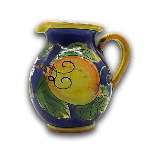 Hand-Painted Italian Ceramic Pitcher - 16 oz Lemon Blue Carafe for Kitchen and Home Decor - Authentic Tuscan Pottery Utensil Holder