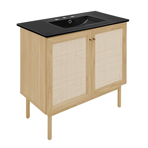 Image of Swiss Madison Classe 36 inch Freestanding Bathroom Vanity in Natural Oak with Black 3-Hole Widespread Sink Top