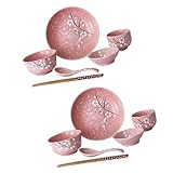JECOMPRIS Vajilla Japonesa de Cerámica Rosa para Hogar Incluye Cuencos Platos Bandejas Vasos Cucharas y Palillos Elegante Kit de Utensilios para Mesa y Servicio