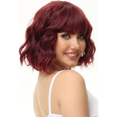 Rose bud Wine Red Wavy Bob Wig for Women Short Curly Wigs with Bangs