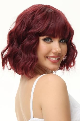 Rose bud Wavy Bob Wig with Bangs Natural Wine Red Wig Synthetic Hair Shoulder Length Short Curly Wigs for Women