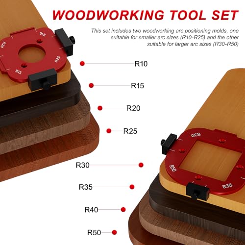 2 Stück Runde Eckradius Schablone mit R10/15/20/25 und R30/35/40/50 Radius, 4 in 1 Radius Jig Router Schablonen für Holzbearbeitung,Aluminiumlegierung Eckradius Frässchablonen mit Quadratische Bohrung