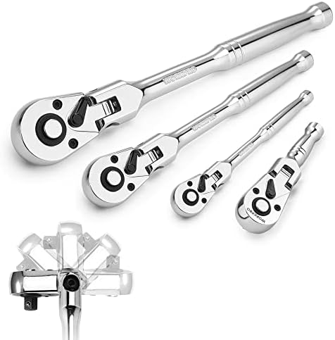 WORKPRO 4-Piece Flex Head Ratchet Set, 1/4", 3/8", 1/2" Drive, 3/8" Stubby, 72-Tooth Ratchet with Chromium Plating Quick Release Reversible Design, 5 Degree Swing
