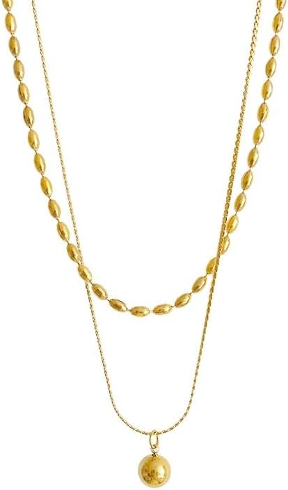 18K Gold Plated Stainless Steel Layered Necklace with Polished Ball Pendant – 16 Inch Double Chain Bead Design, Nickel Free, Hypoallergenic, Waterproof