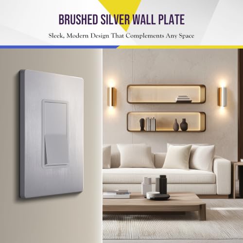 Image of ENERLITES Elite Series Screwless Decorator Wall Plate Child Safe Outlet Cover, Size 1-Gang 4.68 inch H x 2.93 inch L, Unbreakable Polycarbonate Thermoplastic, SI8831-BSV, Brushed Silver