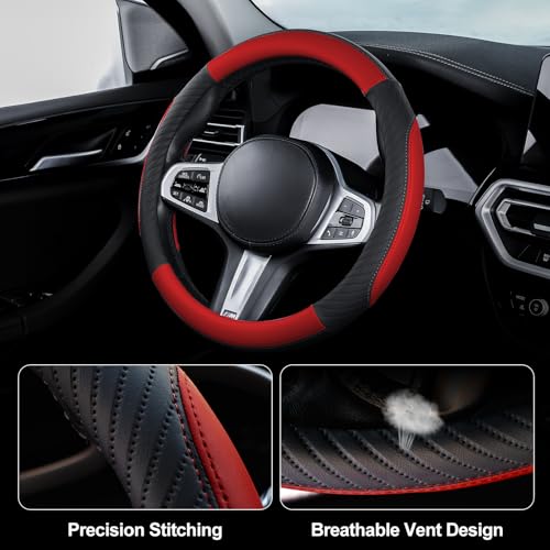 Car Steering Wheel Cover Leather - Soft Microfiber Steering Wheel Cover Universal Size M 37-38cm /14.5-15inch, Anti-slip, Breathable, Red - Image 4