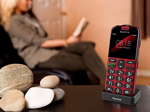 Easyfone Prime-A4 GPS Localisation Unlocked Smart Senior Cell Phone, Big Button Hearing Aids Compatible Easy-to-Use Mobile Phone with Charging Dock (Red)